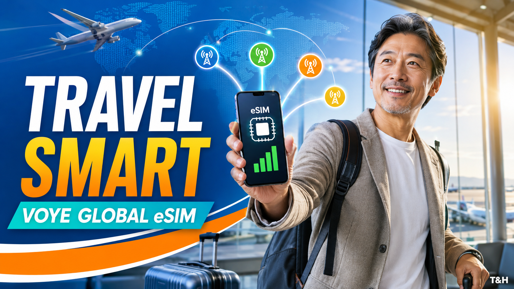 Smiling traveler at an airport showing a smartphone with an eSIM, promoting Travel Smart and global connectivity.