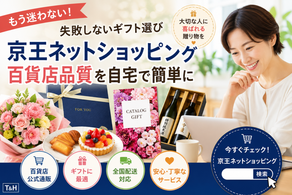 京王ネットショッピングの宣伝バナー。花束・ケーキ・ワインセットなどのギフトと、ノートPCを使う笑顔の女性が写っている。