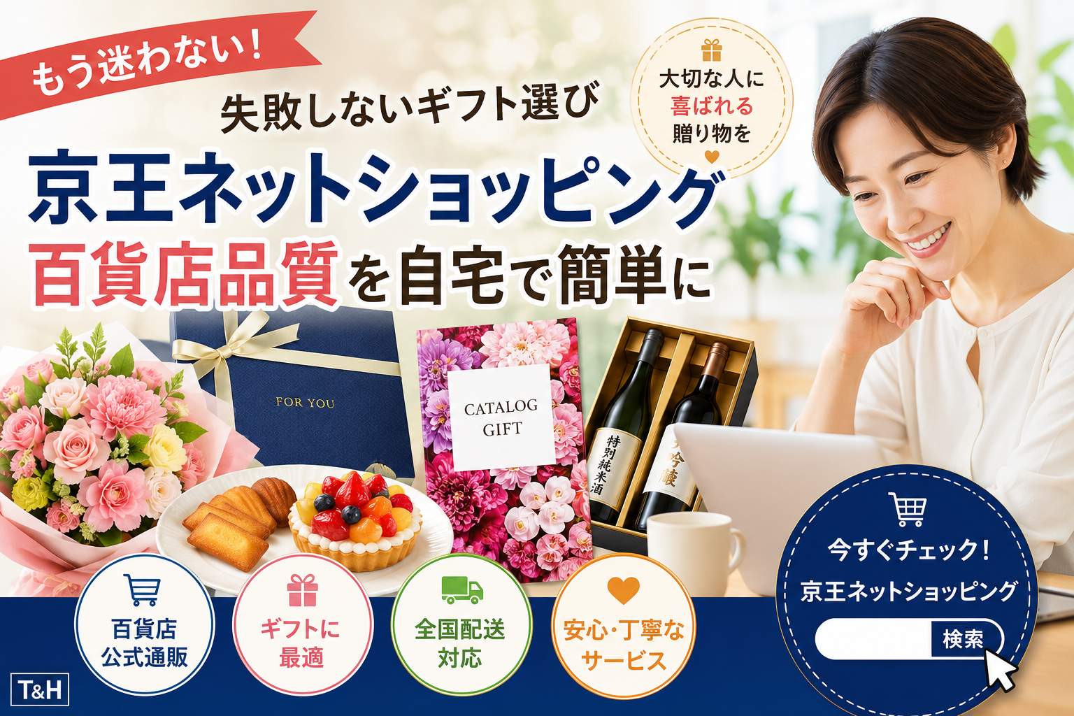 京王ネットショッピングの宣伝バナー。花束・ケーキ・ワインセットなどのギフトと、ノートPCを使う笑顔の女性が写っている。