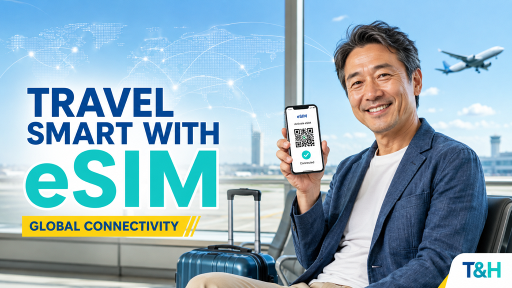 Smiling man at an airport holding a phone showing a QR code for eSIM, with luggage beside him and bold text reading 'Travel Smart with eSIM' and 'Global Connectivity' in the background.