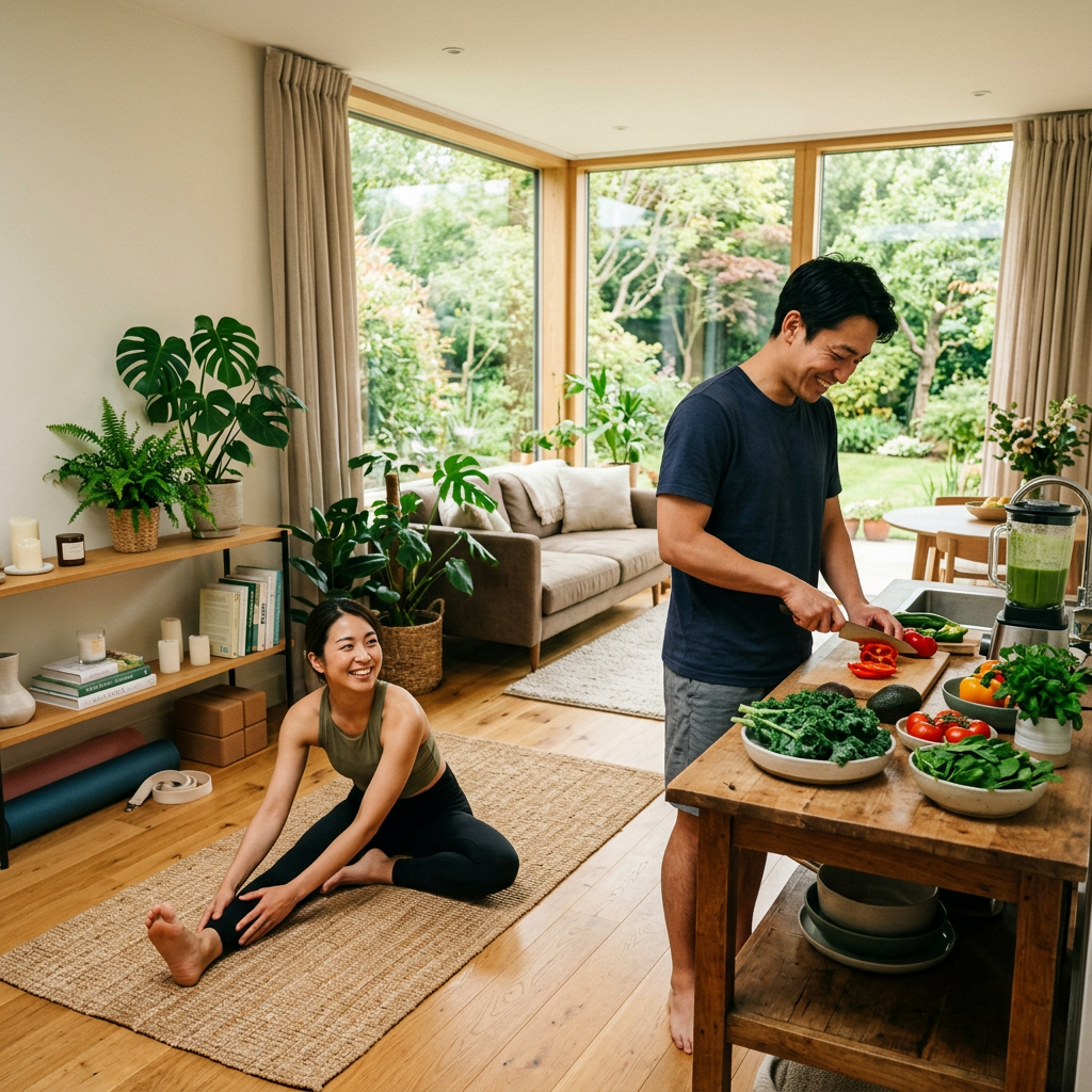 Woman stretching on yoga mat in living room, man chopping vegetables in kitchen