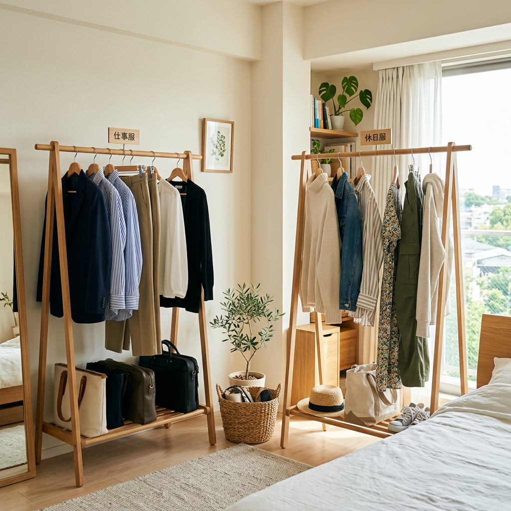 Wooden racks holding work clothes and casual clothes in a bedroom