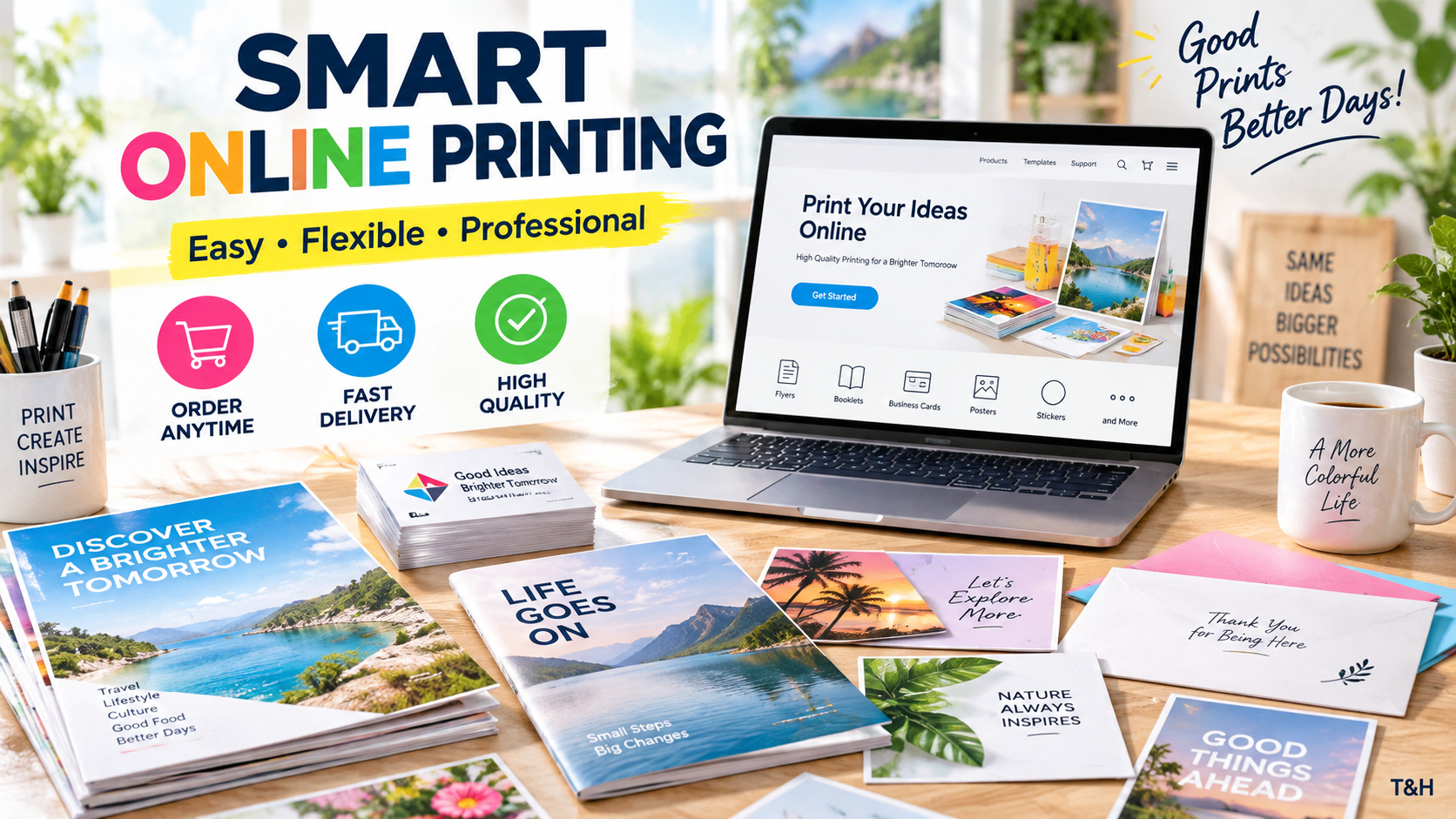 Desk setup promoting online printing with a laptop, colorful brochures, and large 'SMART ONLINE PRINTING' text on the window backdrop